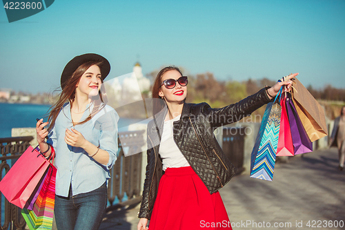 Image of Two girls walking with shopping on city streets