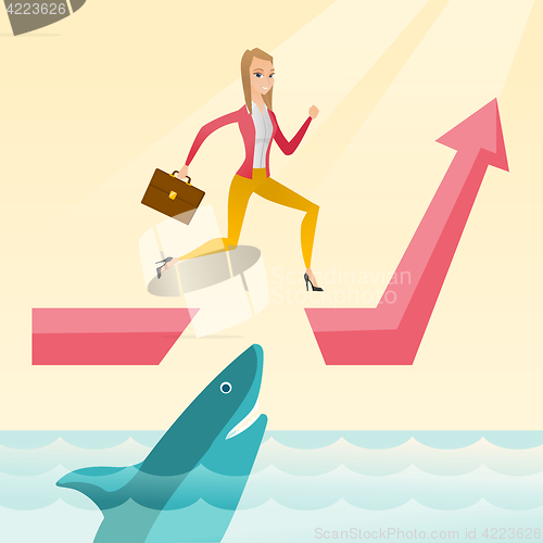 Image of Business woman jumping over ocean with shark.