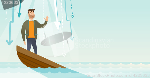 Image of Business woman standing in sinking boat.