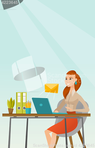 Image of Business woman receiving or sending email.