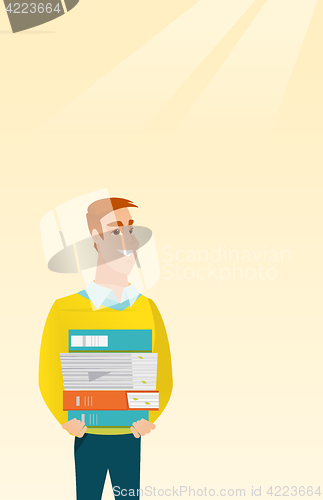 Image of Man holding pile of books vector illustration.