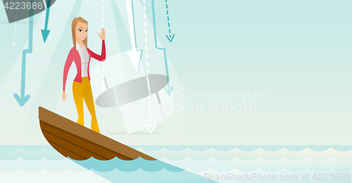 Image of Business woman standing in sinking boat.