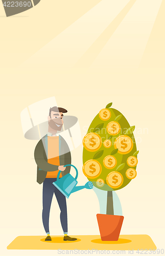 Image of Man watering financial tree vector illustration.