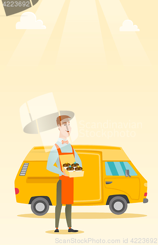 Image of Baker delivering cakes vector illustration.