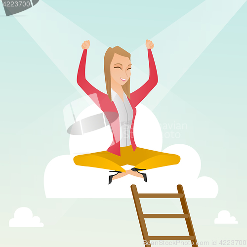 Image of Happy business woman sitting on the cloud.