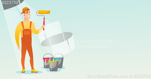 Image of Painter holding paint roller vector illustration.