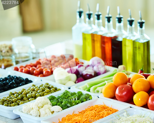 Image of salad bar with vegetables in the restaurant, healthy food
