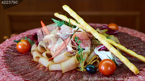 Image of Assorted meats and sausages, olives and spices, close-up.