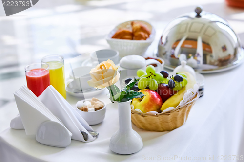 Image of delicious breakfast for two at the luxury hotel.