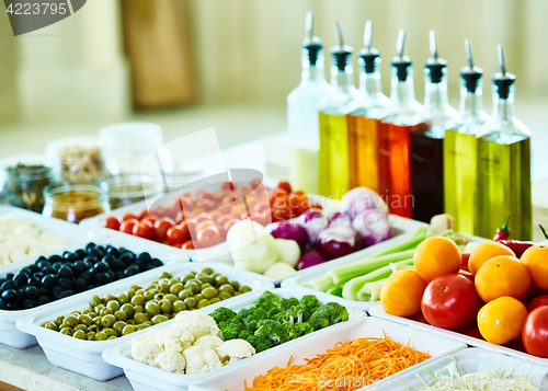 Image of salad bar with vegetables in the restaurant, healthy food