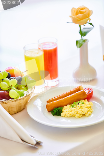 Image of delicious breakfast for two at the luxury hotel.