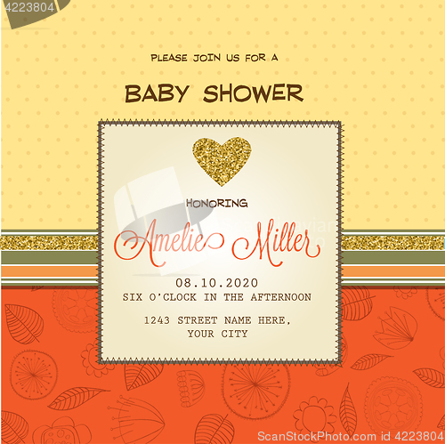 Image of Beautiful  baby shower card template with golden glittering deta