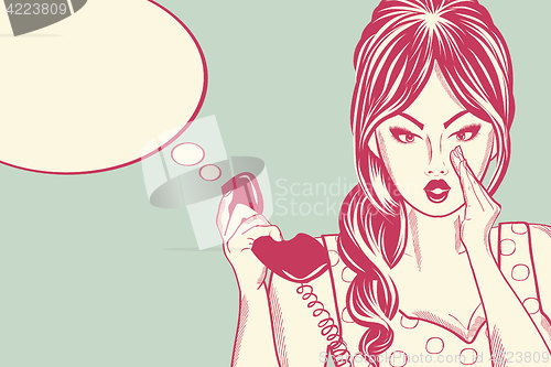 Image of Line art comic woman talking on the retro phone