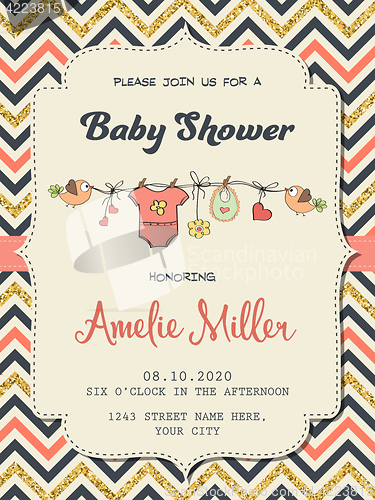 Image of Beautiful retro baby shower card template with golden glittering