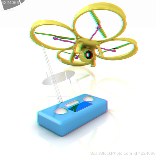 Image of Drone with remote controller. Anaglyph. View with red/cyan glass