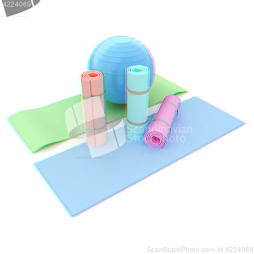 Image of karemat and fitness ball. 3D illustration. Anaglyph. View with r