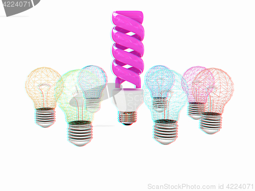 Image of energy-saving lamps. 3D illustration. Anaglyph. View with red/cy