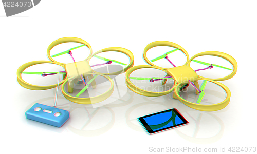 Image of Drone, remote controller and tablet PC. Anaglyph. View with red/