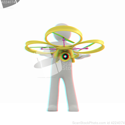 Image of 3d man with drone, quadrocopter, with photo camera. 3d render. 3