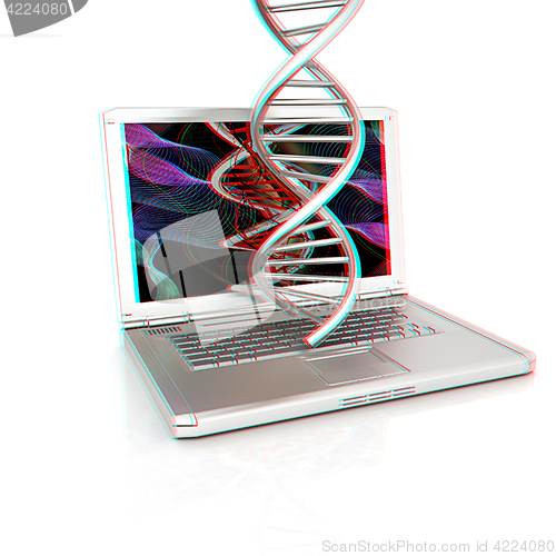 Image of Laptop with dna medical model background on laptop screen. 3d il