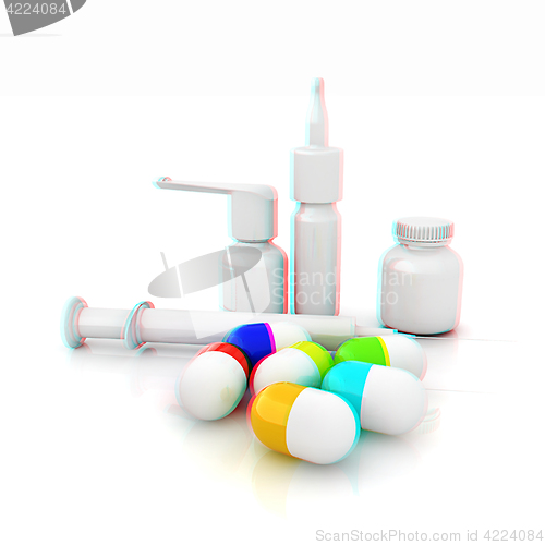 Image of Syringe, tablet, pill jar. 3D illustration. Anaglyph. View with 