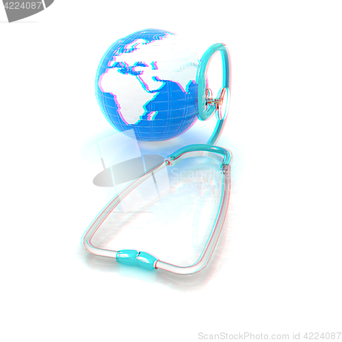Image of Stethoscope and Earth.3d illustration. Anaglyph. View with red/c