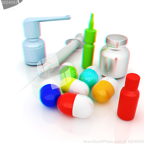 Image of Syringe, tablet, pill jar. 3D illustration. Anaglyph. View with 