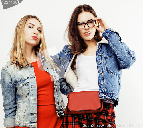 Image of best friends teenage girls together having fun, posing emotional on white background, besties happy smiling, lifestyle people concept close up