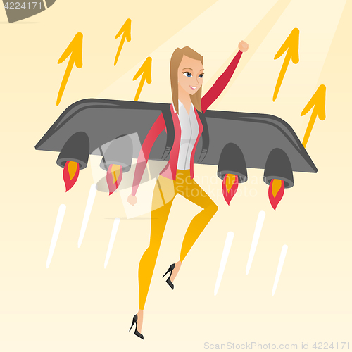 Image of Business woman flying on the rocket to success.
