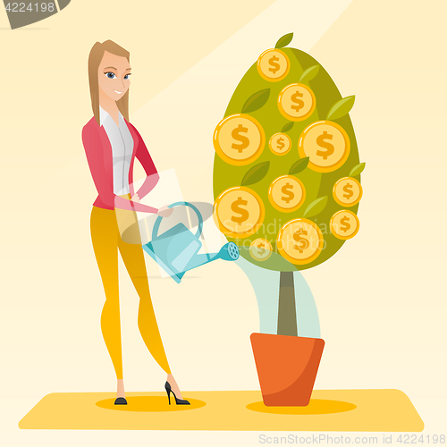 Image of Woman watering money tree vector illustration.