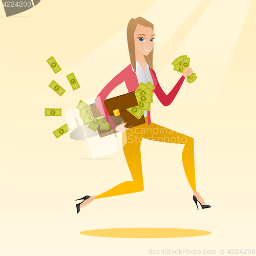 Image of Business woman with briefcase full of money.