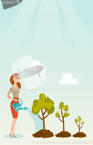 Image of Business woman watering trees vector illustration.