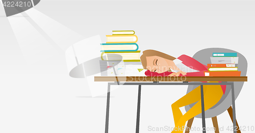 Image of Female student sleeping at the desk with book.