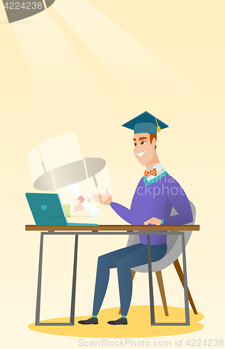 Image of Graduate getting diploma from the computer.