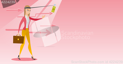 Image of Businesswoman trying to catch money on fishing rod