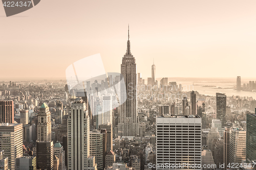 Image of New York City Manhattan downtown skyline at sunset.