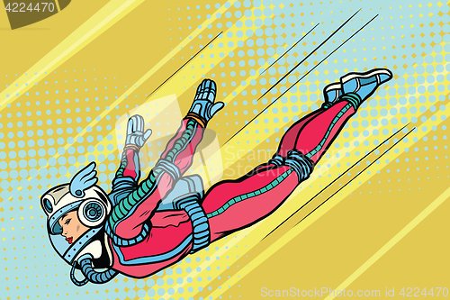 Image of woman superhero flying in a futuristic space suit