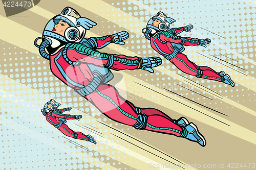 Image of Girl superhero flying in a futuristic space suit