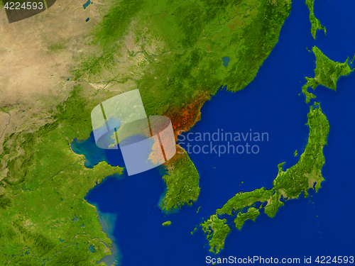 Image of North Korea from space in red