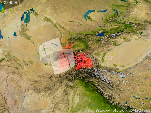 Image of Tajikistan from space in red