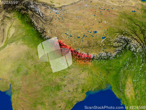 Image of Nepal from space in red