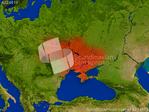 Image of Ukraine from space in red