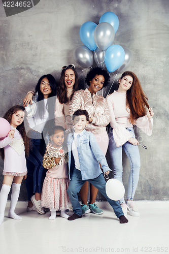 Image of Lifestyle and people concept: young pretty diversity nations woman with different age children celebrating on birth day party together happy smiling, making selfie. African-american, asian and caucasi