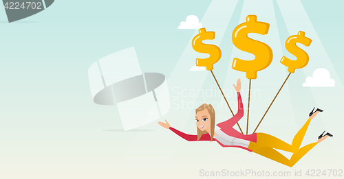 Image of Business woman flying with dollar signs.