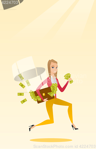 Image of Business woman with briefcase full of money.