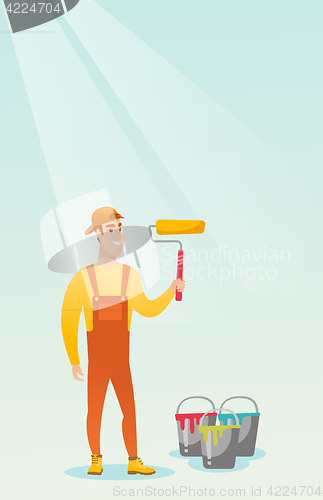 Image of Painter holding paint roller vector illustration.