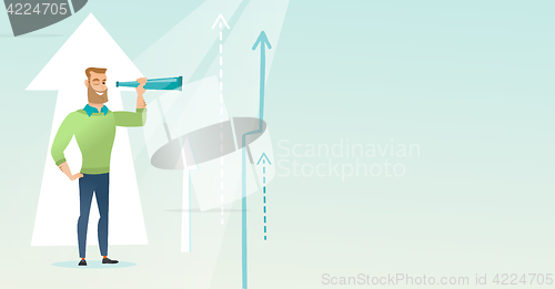 Image of Woman looking through spyglass on raising arrows.