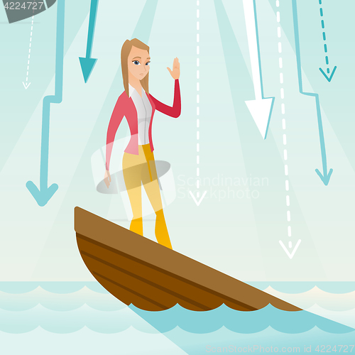 Image of Business woman standing in sinking boat.