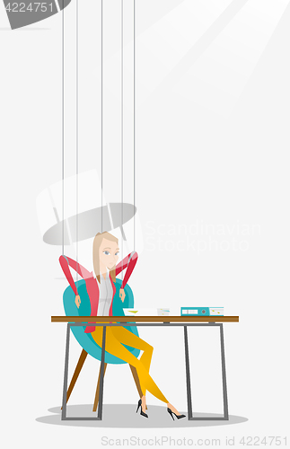 Image of Business woman marionette on ropes working.