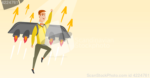 Image of Happy businessman flying on the rocket to success.
